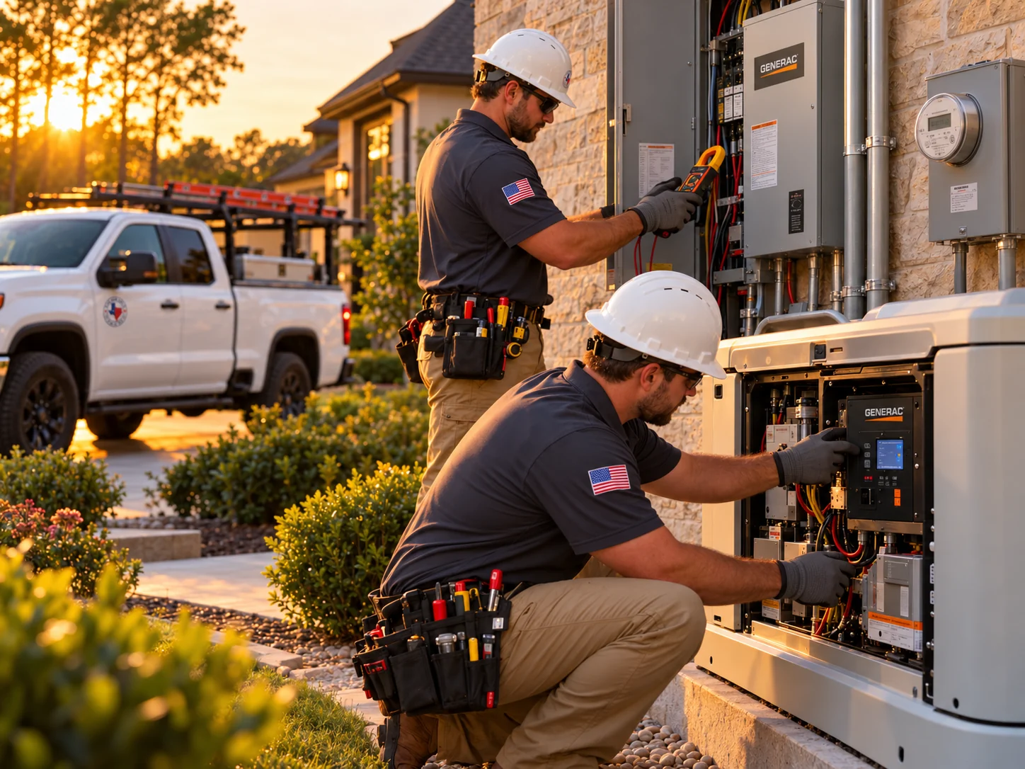 Illustrative Golden Hour residential standby generator installation with electricians and service vehicle