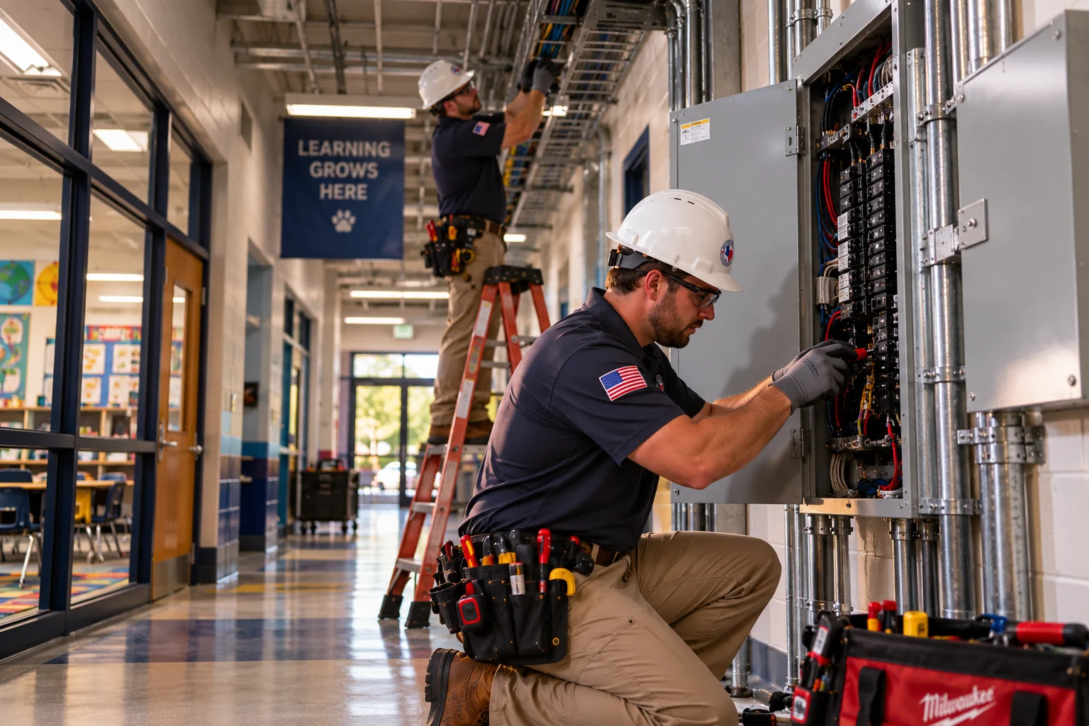 Illustrative interior elementary-school corridor showing electricians coordinating overhead service work and an electrical distribution panel, with classrooms in the background