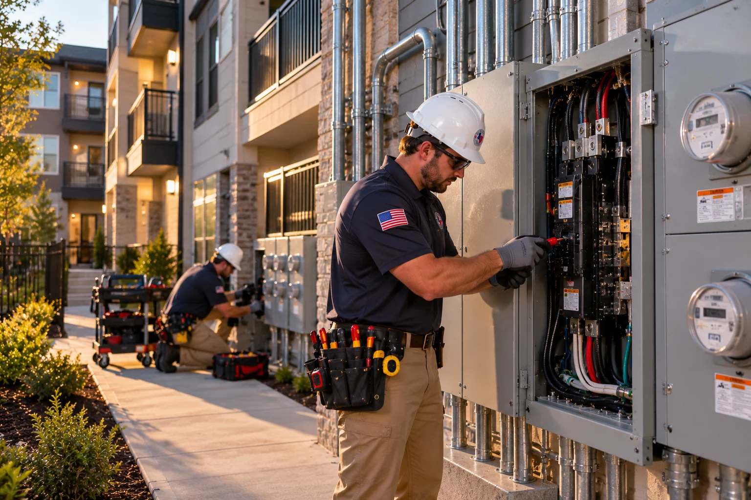 Illustrative electrician inspecting power-distribution equipment and metering at an apartment complex with balconies and shared building services