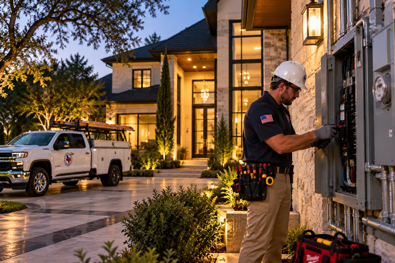 Illustrative twilight electrical service visit at an upscale Houston-area residence, with a technician inspecting an exterior distribution panel