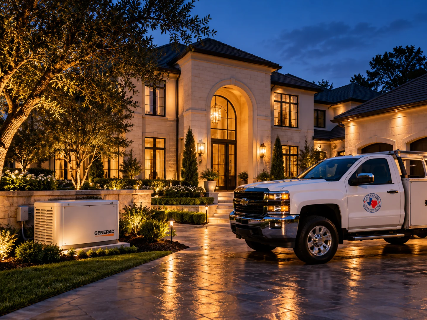 Illustrative architectural twilight view of an upscale Houston-style residence with warm interior lighting, landscape lighting, a standby generator and a discreet service truck