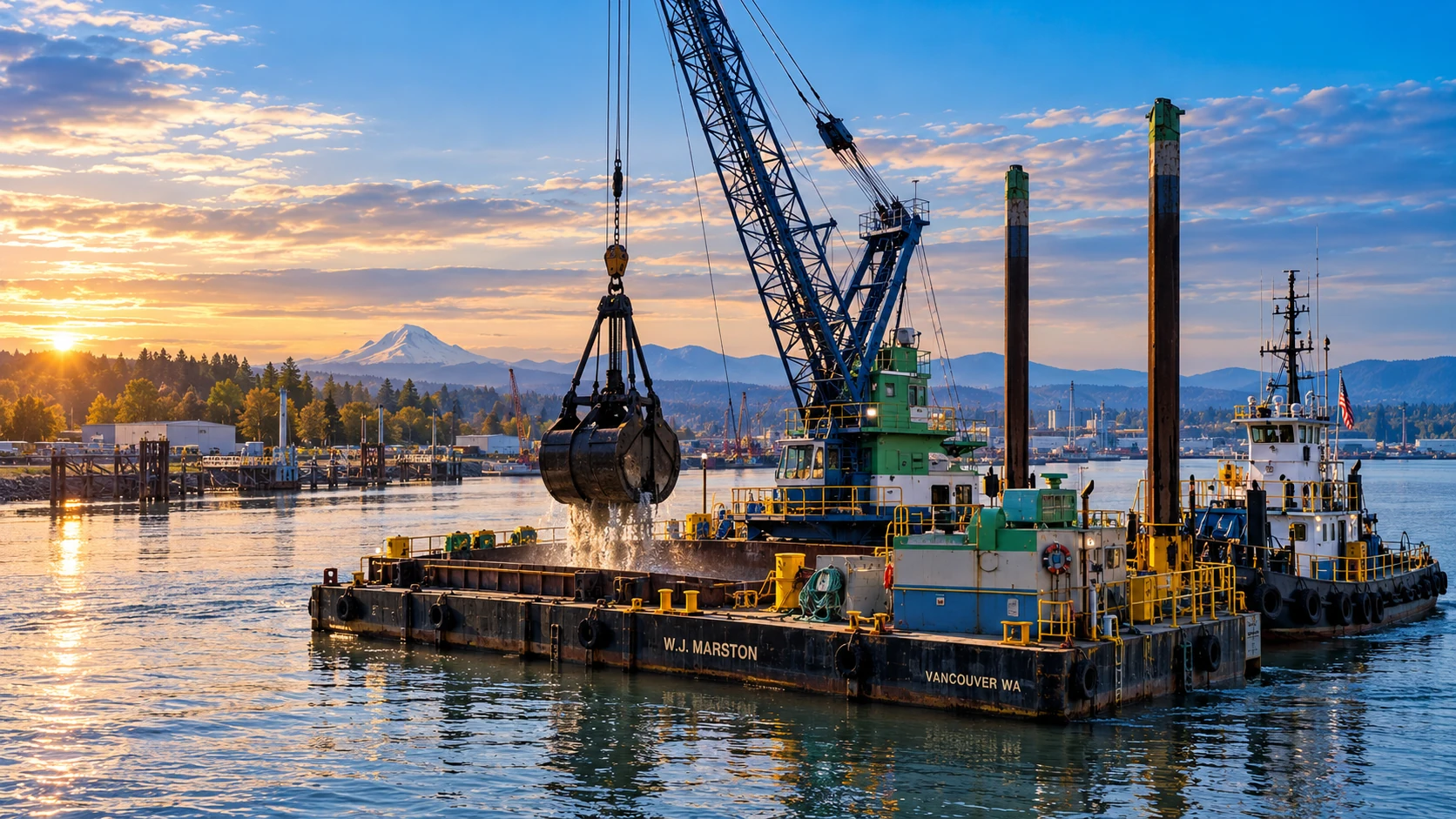 Cinematic interpretation of a blue-and-green, barge-mounted lattice-boom clamshell dredge and W.J. Marston working marine plant in the Pacific Northwest