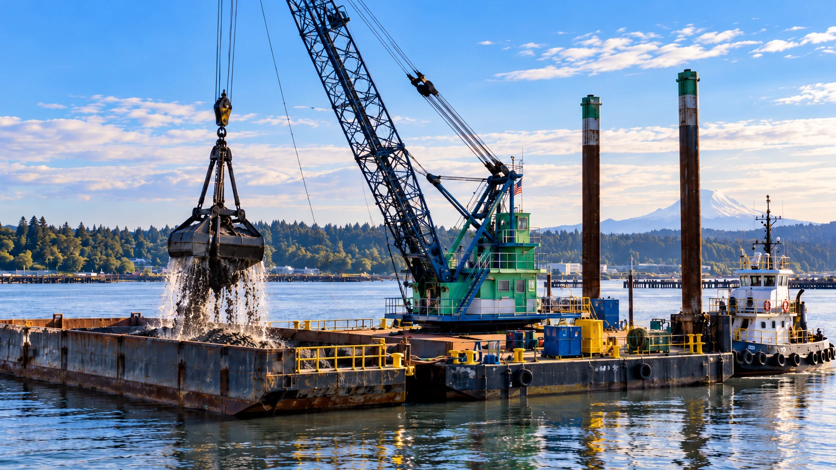Working harbor with blue-green floating clamshell crane, hopper barge and tug, with no crawler excavator