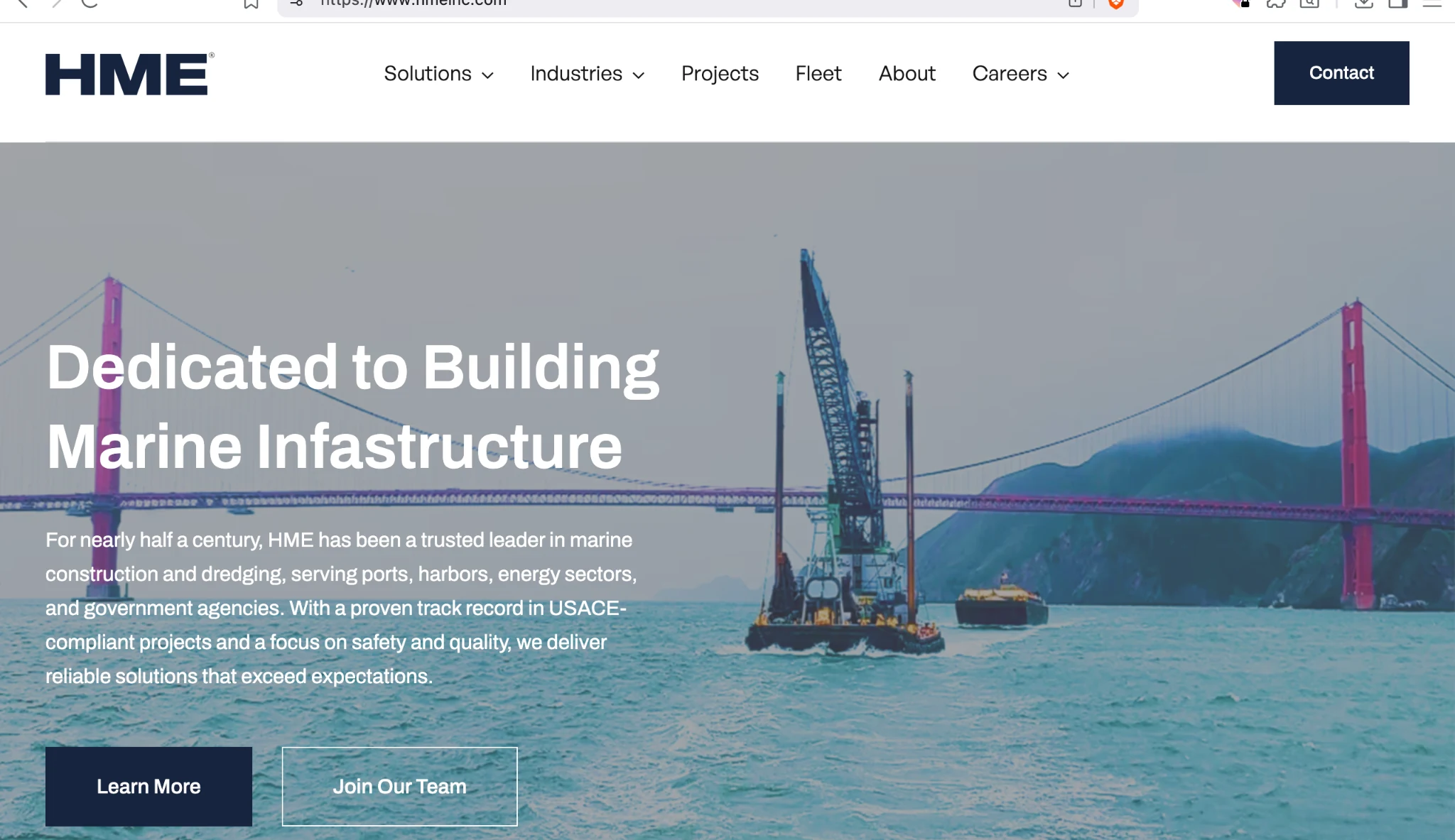 Actual HME Construction homepage featuring the HME logo, marine infrastructure headline, and dredging imagery