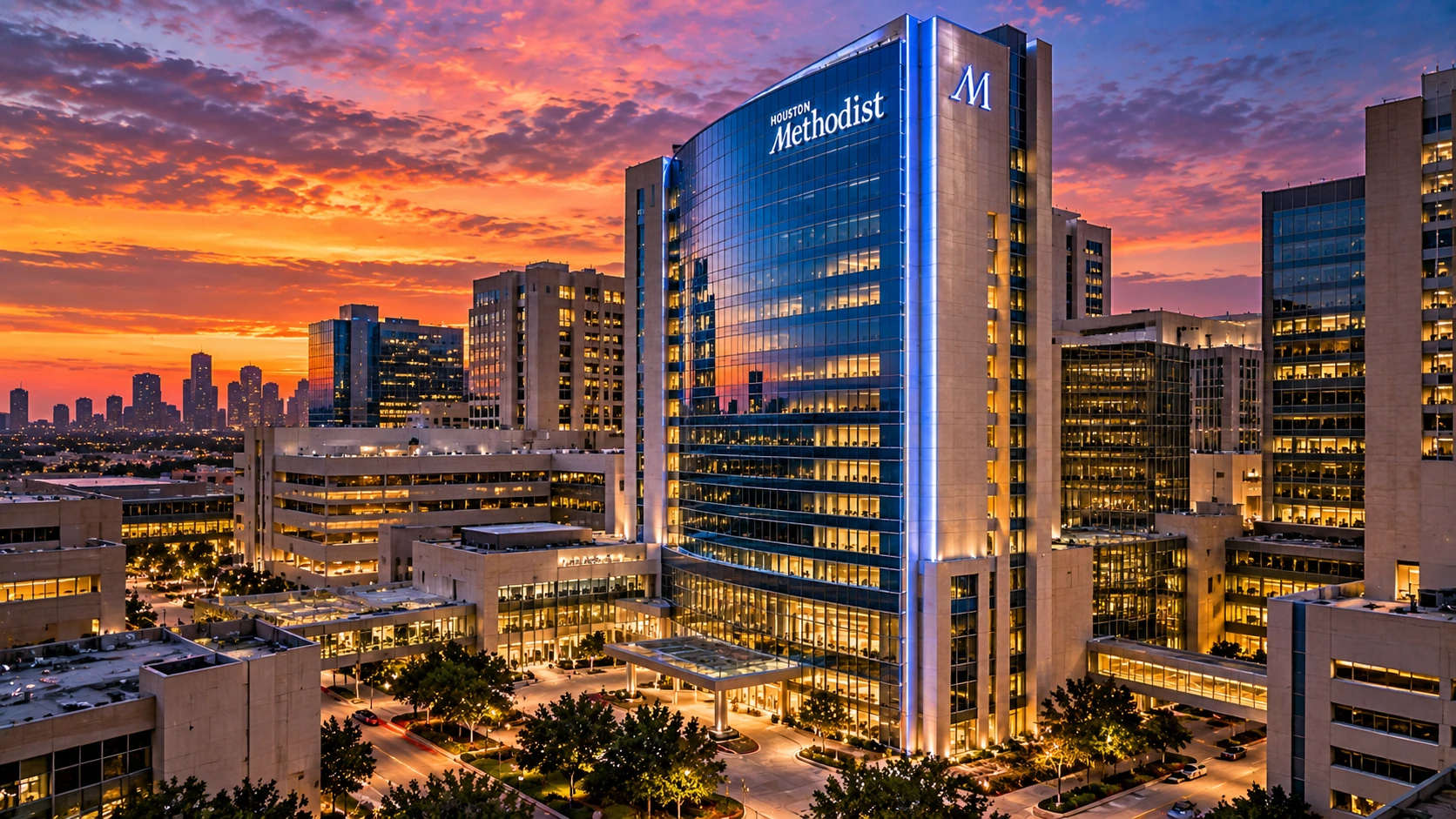 Houston Methodist Walter Tower architectural dusk visualization in the Texas Medical Center