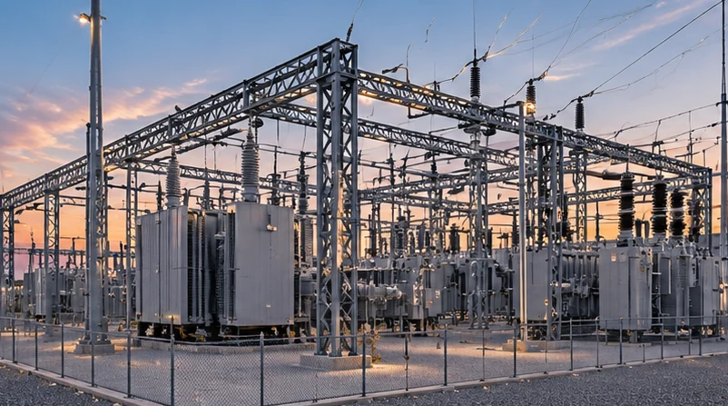 Conceptual visualization of transformer equipment, bus structures and an electrical substation