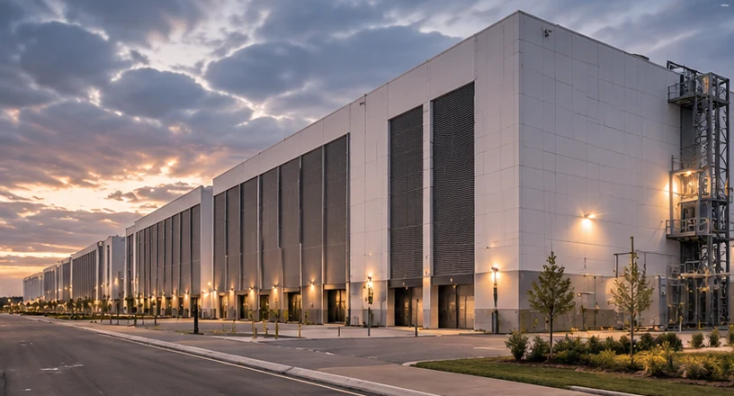 Conceptual architectural detail showing the rhythm of large data center wall panels and rooftop systems