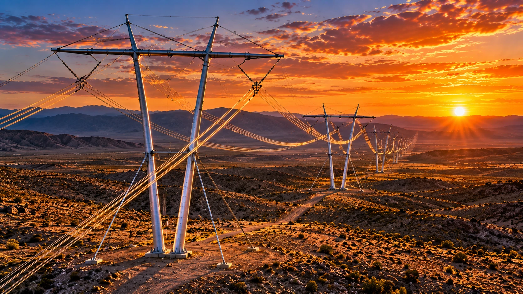 Artistic aerial perspective of a 500-kV guyed-V transmission corridor crossing the Nevada desert at sunset