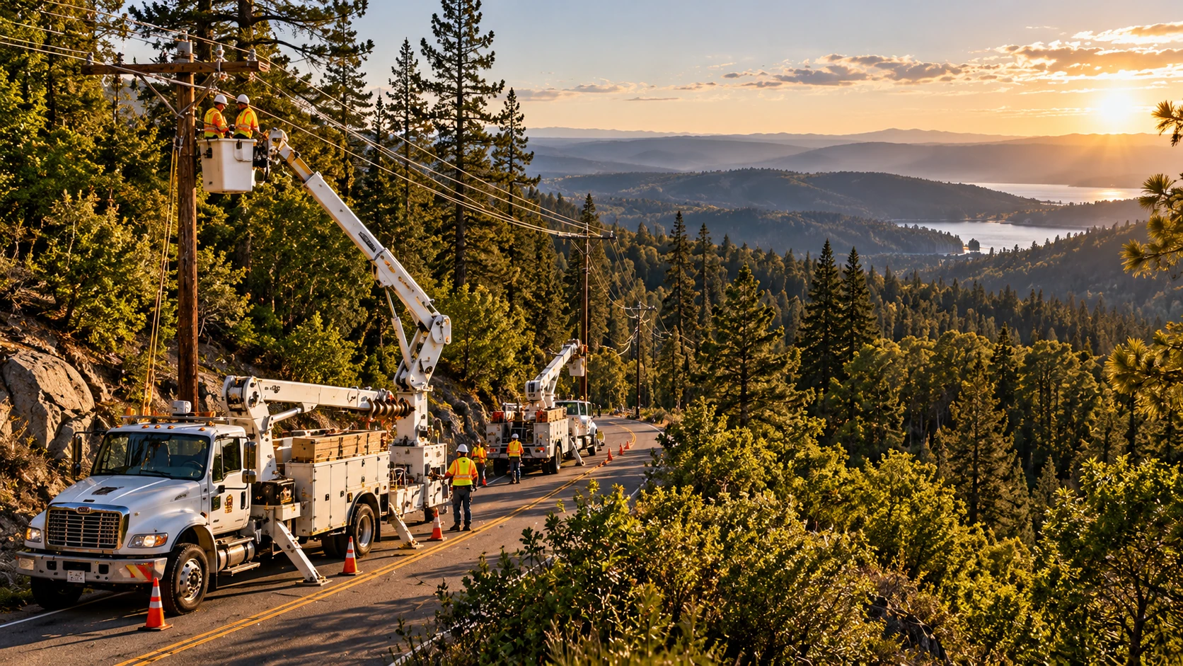 Illustrative Northern California forest utility distribution with line trucks and overhead wood-pole circuits