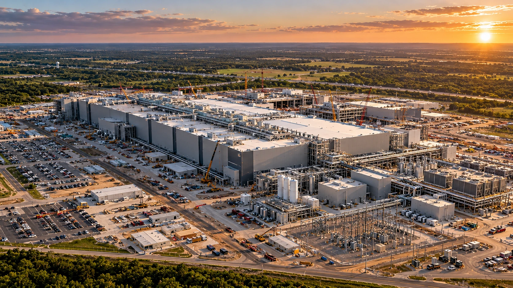 Architectural interpretation of a major semiconductor fabrication campus under construction in Sherman, Texas